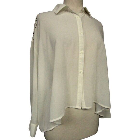 Romeo & Juliet Couture Semi Sheer Beaded Shoulders Hi-Lo Blouse Cream Roomy M - Picture 5 of 10